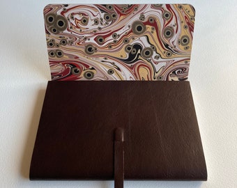 A5 Leather Journal. Travel Journal. Leather Sketchbook. Dark Brown Leather Book Lined with a Hand Made Marbled Paper.