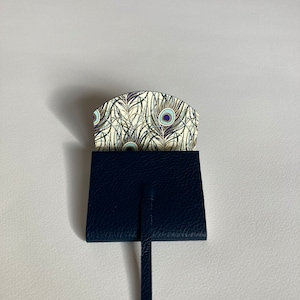 SMALL Leather Journal Leather Notebook Very Dark Blue Grained Leather Lined with a Peacock Feather Lining.