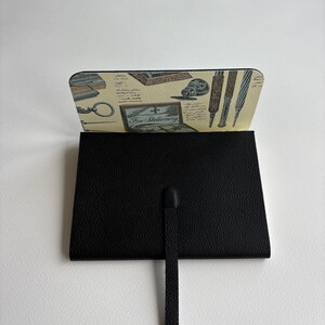 Journal Leather Sketchbook, Leather Journal, Notebook. Black Fine Grained Leather Lined with a Printed Vintage Stationary Items Paper.