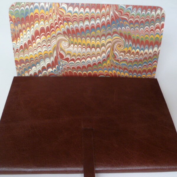 Larger Leather Journal Leather Book Travel Journal. Chestnut Brown Leather Lined with an English Hand made Marbled Paper