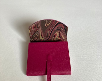 SMALL Leather Journal Leather Sketchbook. Dark Pink Leather. Lined with a Hand Made Marbled Paper.