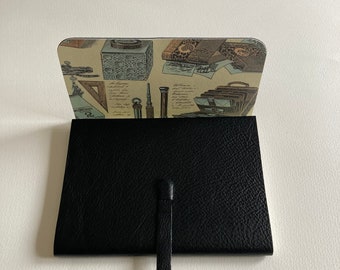Leather Sketchbook Leather Notebook  Black Leather. Lined with a Printed paper Depicting Stationary Articles.