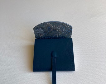 SMALL Leather Journal Leather Sketchbook.  Blue Grained Leather. Lined with a Hand Made Marbled Paper.