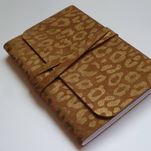 Suede Journal Leather Journal Travel Journal Leather Notebook. Tan Suede with an Animal print embossed in Gold onto the Leather.