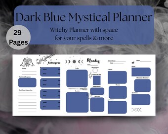 Planificador digital azul oscuro místico / Planificador de brujas celestiales / Imprimible sin fecha / Descarga en PDF / Diario de brujas