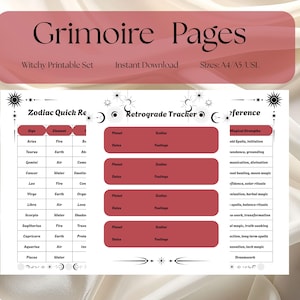May include: A printable grimoire page set with a pink header that reads "Grimoire Pages." The page includes a zodiac quick reference chart, a retrograde tracker, and a list of magical strengths. The text "Witchy Printable Set" and "Instant Download" are also visible.