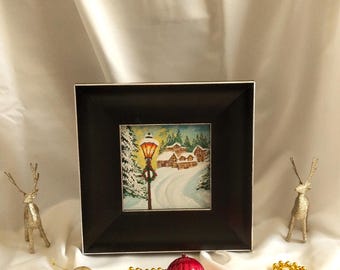 Christmas Winter Wall Art – Black Frame – Festive Acrylic Painting – Holiday Home Decor Gift