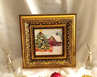 Winter Acrylic Painting,Elegant Holiday Wall Decor,Christmas Gift,ornate gold frame