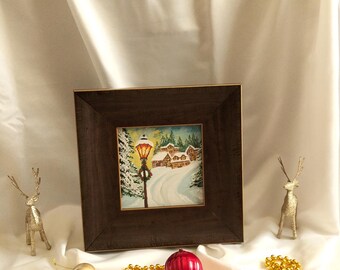 Christmas Winter Wall Art – Modern Walnut Frame – Festive Acrylic Painting – Holiday Home Decor Gift