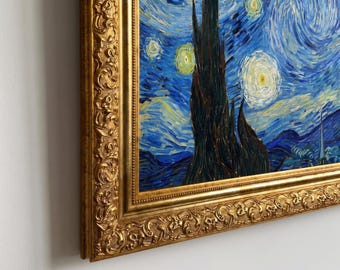 May include: A framed reproduction of a painting featuring a dark, towering cypress tree against a swirling blue night sky filled with bright yellow stars and a crescent moon, encased in an ornate, metallic gold-colored decorative frame.