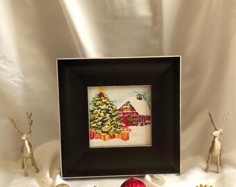 Christmas Winter Wall Art – Black Frame – Festive Acrylic Painting – Holiday Home Decor Gift