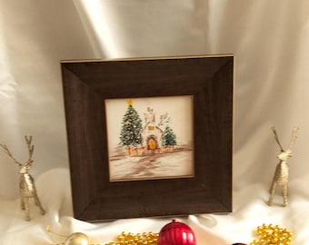 Christmas Framed Art,Modern Walnut Framed Gift,Handmade Minimall,Festive Home Decor