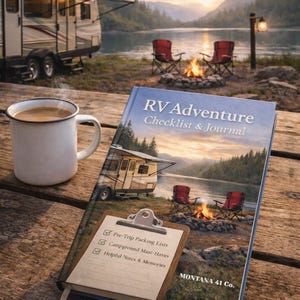 May include: An RV Adventure Checklist & Journal book with a scenic cover illustration of a camper, lake, and campfire. A white mug of coffee sits next to the book on a wooden table. The book includes pre-trip packing lists and campground must-haves.