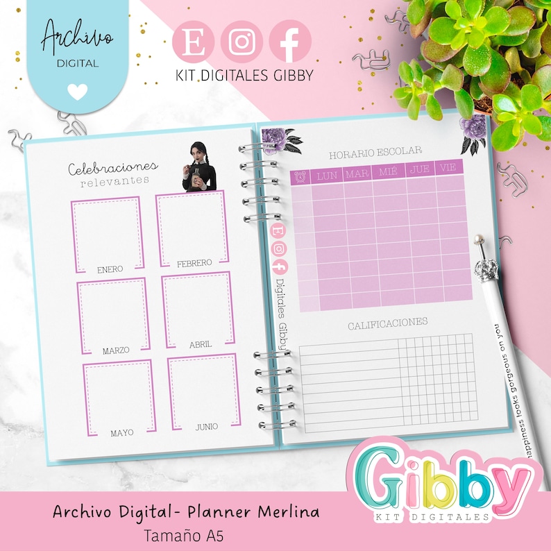May include: A spiral-bound planner with a light blue cover and pink interior pages. The planner includes sections for scheduling, notes, and a calendar. Text on the cover reads "Archivo Digital - Planner Merlina, Tama&ntilde;o A5". The planner is decorated with floral accents and the text "Gibby".