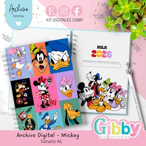 May include: A spiral-bound notebook with a colourful cover featuring Disney characters such as Mickey Mouse, Minnie Mouse, and Donald Duck. The notebook's interior page reads "HOLA 2026". The notebook is labeled "Archivo Digital - Mickey" and "Tamaño A5".