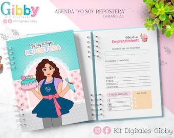 Puede incluir: Un cuaderno abierto con espiral, con una portada turquesa que presenta una caricatura de una panadera sosteniendo un pastel. El texto "Yo Soy la Mejor Repostera" está encima. La página derecha tiene secciones para detalles de negocios.