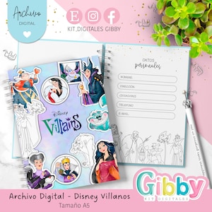 Peut inclure: Un carnet à spirales sur le thème des méchants Disney. La couverture présente des illustrations colorées de divers méchants, avec le texte "Disney Villains". Le carnet est ouvert sur une page avec des champs d'informations personnelles. Le texte "Archivo Digital - Disney Villanos Tamaño A5" est également visible.