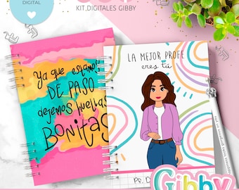May include: Two spiral-bound A5 planners. One has colorful abstract art and the text "Ya que estamos! DE PASO dejemos huellas Bonitas". The other features a teacher illustration and the text "LA MEJOR PROFE eres tú". The image includes a pen and the text "Archivo Planner Docente".
