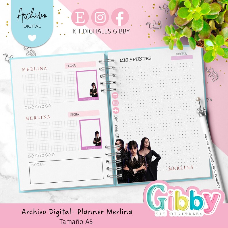 May include: A spiral-bound planner with a light blue cover and pink accents. The planner features a grid layout, with the text "Merlina" and "Mis Apuntes". The planner includes images of characters from the show "Wednesday". The text "Archivo Digital - Planner Merlina Tama&ntilde;o A5" is also visible.