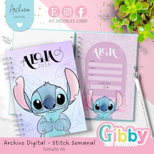 May include: A spiral-bound planner with a Stitch design, featuring the text "ALOHA 2026". The planner includes contact pages and a pen with a decorative top. The planner is labelled "Archivo Digital - Stitch Semanal" and is A5 size.