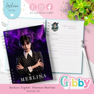 May include: A spiral-bound planner featuring a portrait of a person with dark braids and a black dress with white collar and cuffs. The cover reads "MERLINA" in white text. The planner is labeled "Archivo Digital - Planner Merlina, Tama&ntilde;o A5".