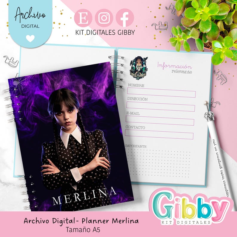 May include: A spiral-bound planner featuring a portrait of a person with dark braids and a black dress with white collar and cuffs. The cover reads "MERLINA" in white text. The planner is labeled "Archivo Digital - Planner Merlina, Tama&ntilde;o A5".