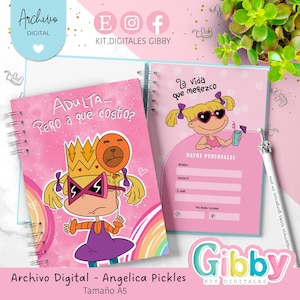 May include: Pink spiral-bound notebook featuring a cartoon character with sunglasses and a crown. The cover has text in Spanish. The notebook is open, revealing a lined page and a personal information section. A pen with a decorative top rests on the page.
