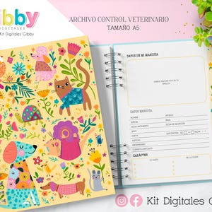 May include: A spiral-bound pet health record book with a colorful floral and animal design. The cover features illustrations of a dog, cat, and other animals. The inside pages have sections for pet information.