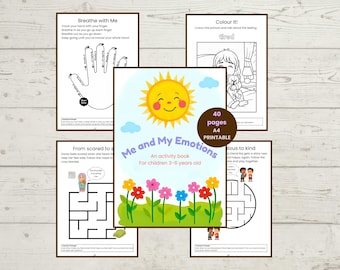Pode incluir: Um livro de atividades A4 para impressão, "Me and My Emotions", para crianças de 3 a 6 anos. A capa apresenta um sol sorridente e flores coloridas. O livro contém 40 páginas com atividades como labirintos e exercícios para explorar emoções.