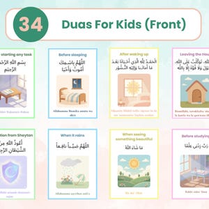 Op de afbeelding: Een set geïllustreerde flashcards met de titel "Duas For Kids (Front)". Elke kaart bevat Arabische tekst en Engelse vertalingen, samen met kleurrijke illustraties die verschillende dagelijkse activiteiten en gebeden uitbeelden. De kaarten zijn ontworpen voor educatieve doeleinden.