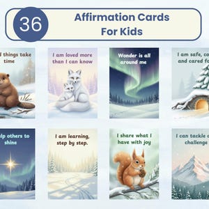 May include: A collection of 36 affirmation cards for children. Each card displays a watercolour illustration and a positive affirmation. The cards feature images of animals, nature scenes, and inspirational messages.