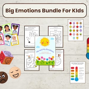 May include: A collection of educational materials for children, including flashcards with diverse illustrations of children expressing emotions like "loved" and "scared." The set also features an activity book, coloring pages, and a feelings thermometer.