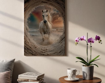 Arte en lienzo de un majestuoso caballo blanco, caballo corriendo en la playa con cielo al atardecer y arcoíris, arte mural en lienzo natural para decoración del hogar, obra de arte para el hogar.