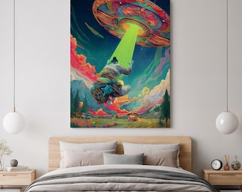 Lienzo artístico de abducción de ovnis, colorido, surrealista, con impresión de arte de pared de abducción de ovnis y extraterrestres, decoración de aventura espacial para dormitorio, sala de estar, regalo para el hogar