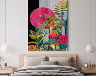 May include: A vibrant floral canvas print featuring a large pink circle, black vertical stripe, and a mix of colorful flowers and foliage. The artwork includes yellow, orange, and pink blooms with green and yellow leaves, creating a tropical theme.
