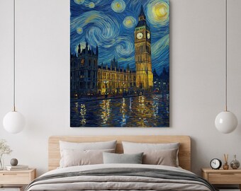 Big Ben Canvas Wall Art, London Cityscape Starry Night Style Print, Famous Landmark Night View, Urban Skyline Home Decor, Canvas Artwork