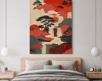 Japanese Waterfall Canvas Art, Stunning Red and Black Landscape with Waterfalls, Traditional Nature Wall Art for Bedroom or Living Room