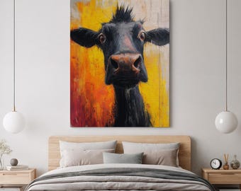 Lienzo abstracto de vaca para pared, estampado animal colorido, decoración divertida de estilo rústico, arte único de vaca para sala de estar o cocina, decoración de pared de metal.