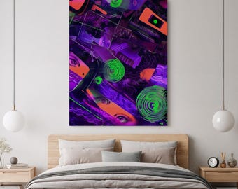 Cyberpunk Digital Canvas Wall Art, Neon Abstract Tech Print, Futuristic Purple and Green Surreal Painting for Bedroom, Studio or Living Room