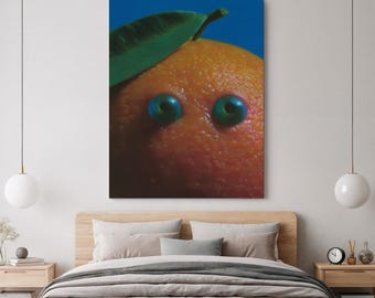 Surreal Orange Canvas Wall Art Funny Fruit Pop Art Print Quirky Modern Kitchen Decor Playful Artwork Multiple Sizes and Frame Options