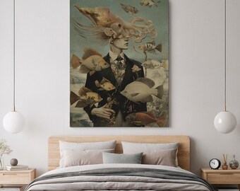 Surreal Fish and Octopus Canvas Art, Abstract Portrait with Underwater Creatures, Unique Wall Art for Living Room or Bedroom Decor
