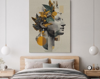 Classical Bust Canvas Wall Art, Modern Greek Sculpture Print, Abstract Statue Artwork with Golden Leaves, Contemporary Home Decor, Home Gift