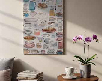 May include: A canvas print featuring a hand-drawn illustration of various coffee-related items. The artwork includes coffee cups, teacups, teapots, croissants, and the word "COFFEE". The color palette is soft, with beige, brown, and pastel hues.