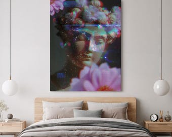 Glitch Greek Statue Canvas Art, Floral Neon Aesthetic Wall Decor, Retro-Futuristic Feminine Bust Artwork, Pink Vaporwave Home Accent