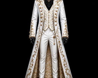 Puede incluir: Un conjunto de abrigo largo, chaleco y pantalón blanco con intrincados bordados dorados. El abrigo tiene cuello alto, botones dorados y una cadena. El chaleco y el forro del abrigo muestran un patrón floral dorado a juego. Zapatos negros.