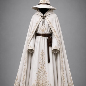 White Archmage Wizard Robe Set with Cloak and Hat Fantasy Cosplay Costume Medieval LARP Outfit Renaissance Faire Halloween Costume