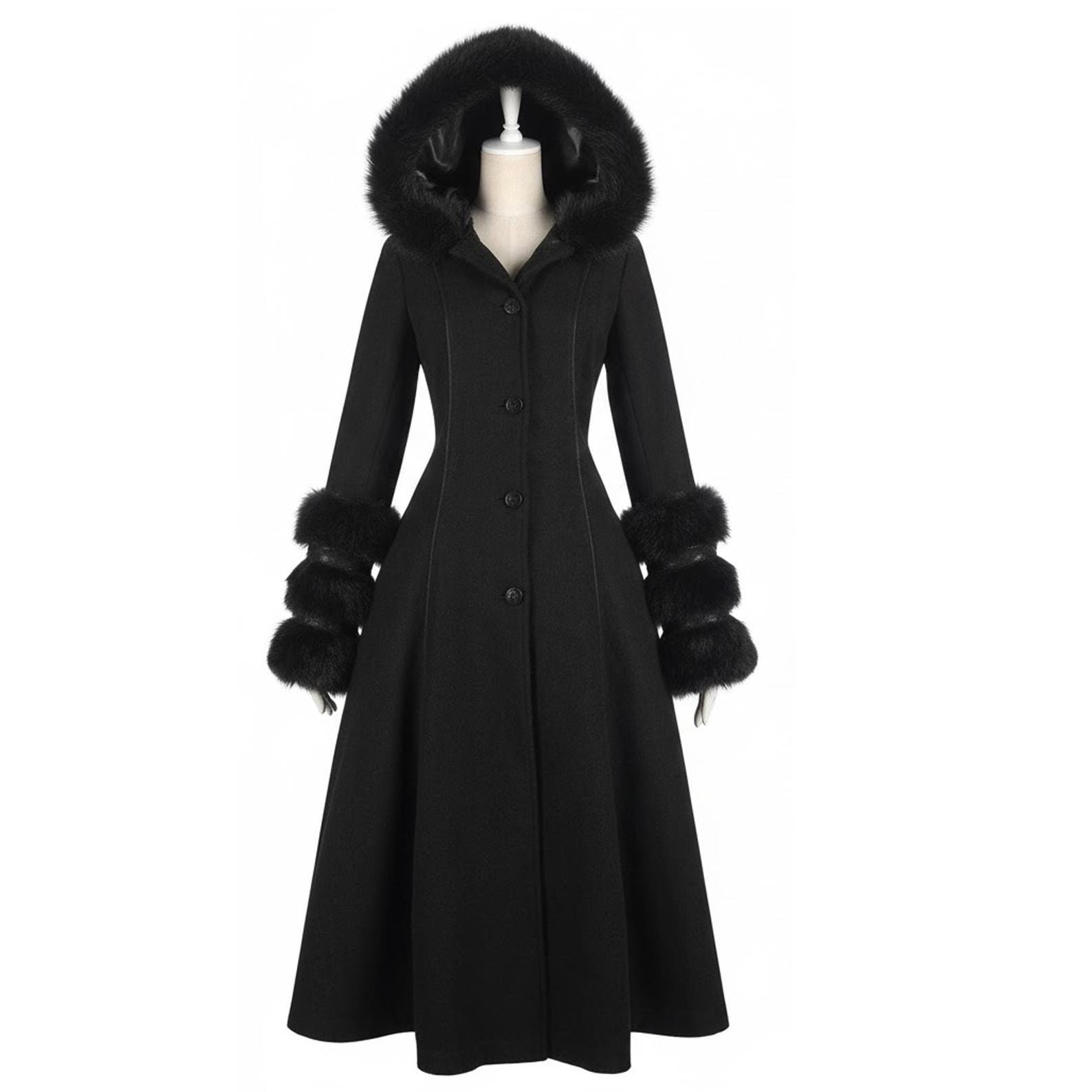 Luxury Gothic Wool Maxi Coat With Faux Fur Hood & Cuffs