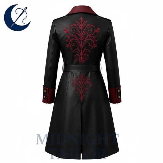 Victorian Gothic Vampire Leather Coat | Red & Black Embroidered