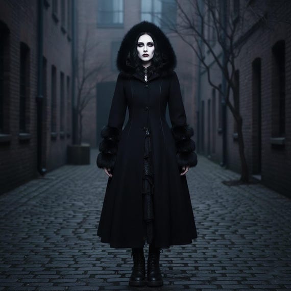 Luxury Gothic Wool Maxi Coat With Faux Fur Hood & Cuffs