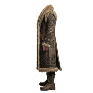 Mens Viking Fur Coat, Medieval Leather Trench Coat, Norse Warrior Jacket, Fantasy Viking Costume, Renaissance Outerwear image 3